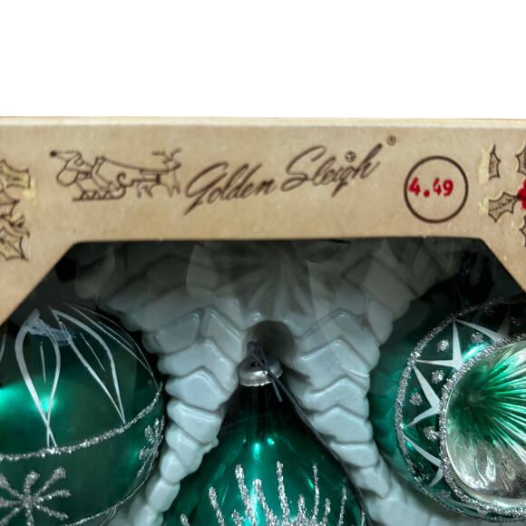 Vintage Christmas Tree ornaments green glass & silver glitter set of 5 in box - Picture 5 of 10